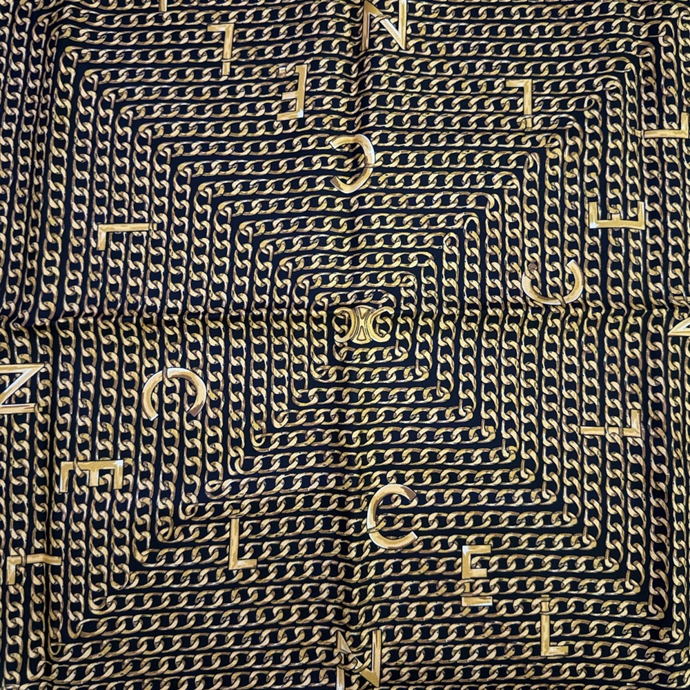CELINE Black & Gold Chains Bandana In Silk Twill